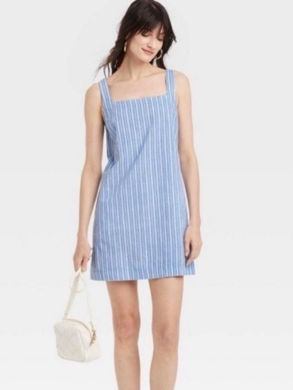 Costal Linen_Blend Striped Blue Square-Neck Mini Dress